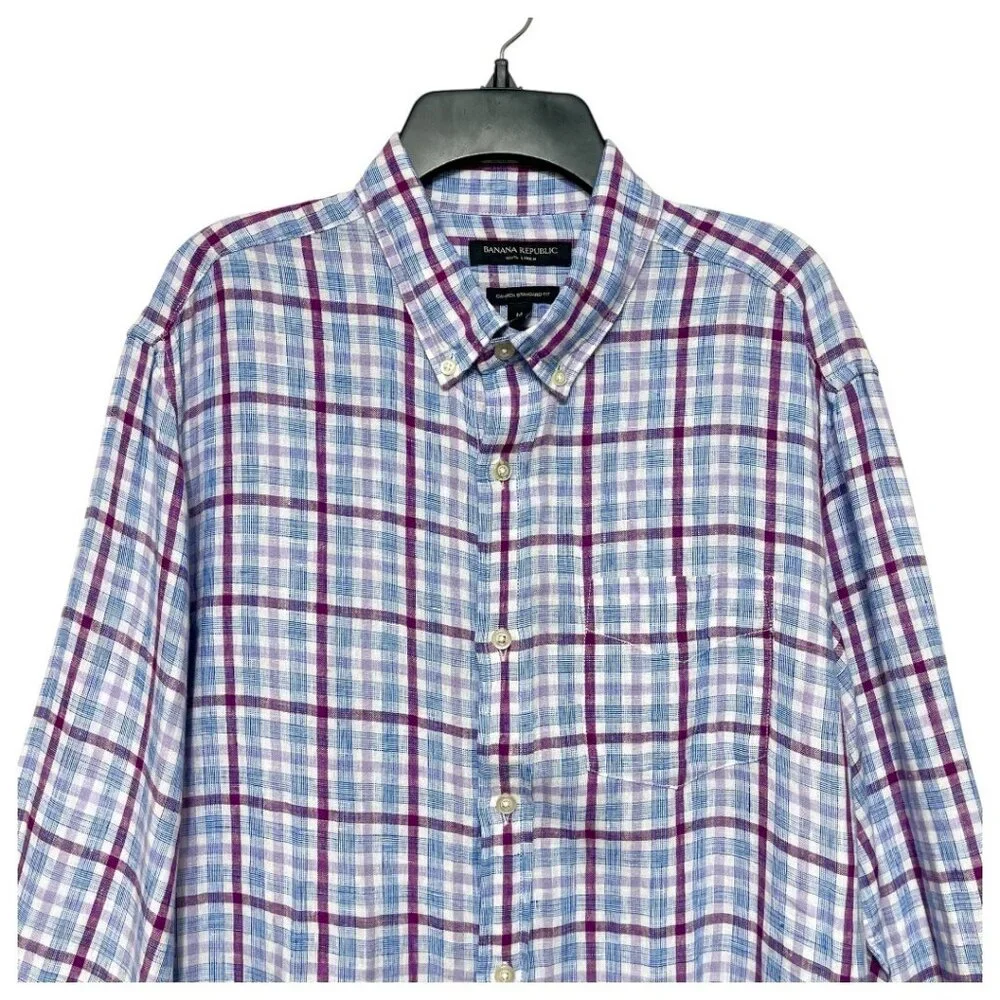 Banana Republic Mens 100% Linen Plaid Button-Down Shirt Camden‎ Standard Fit M